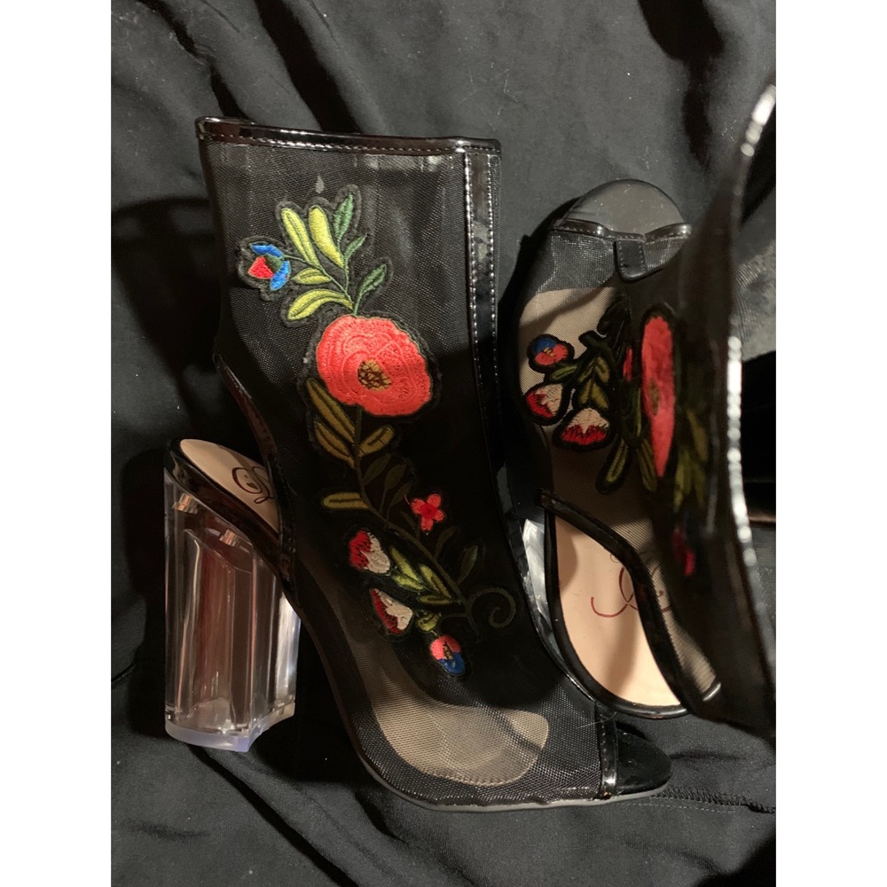 SEXY EMBROIDERED FLORAL MESH ZIP-UP OPEN TOE HEELS